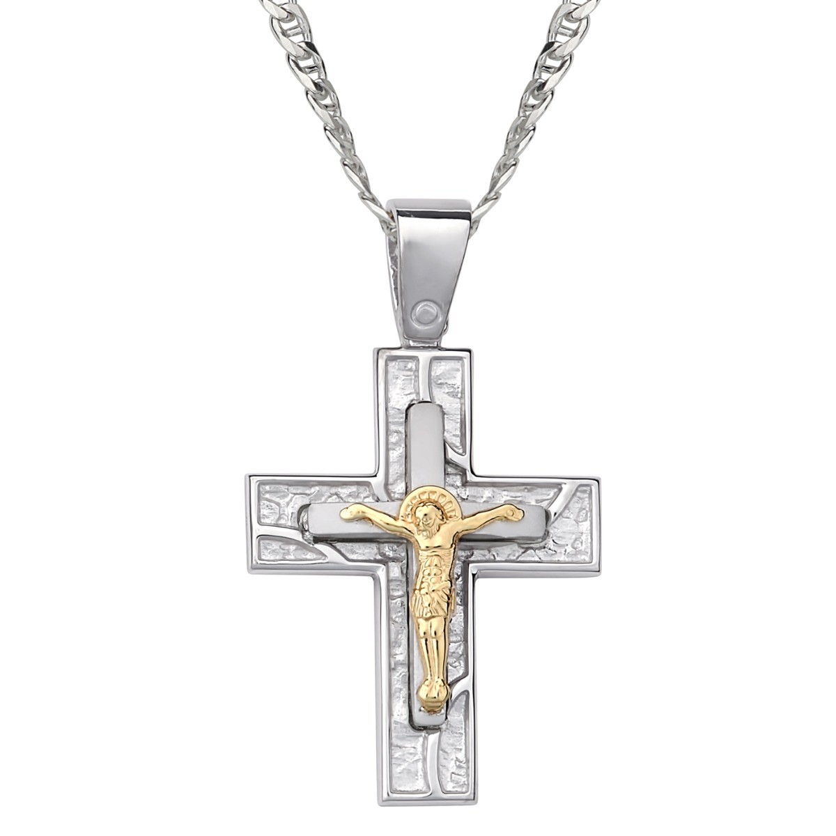 Ανδρικός Σταυρός Με Αλυσίδα Και Εσταυρωμένο / Ασήμι 925 Και Χρυσό Κ14 / ST-MN14221G1