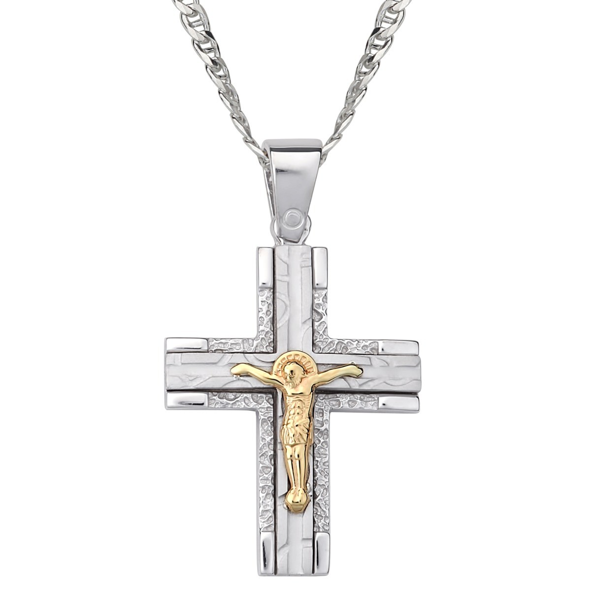 Ανδρικός Σταυρός Με Αλυσίδα Και Εσταυρωμένο / Ασήμι 925 Και Χρυσό Κ14 / ST-MN14223G1