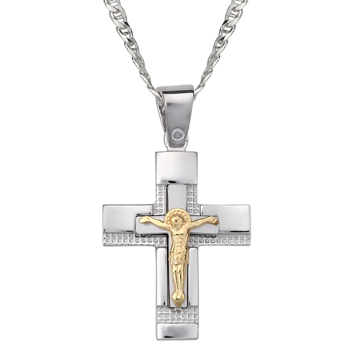 Ανδρικός Σταυρός Με Αλυσίδα Και Εσταυρωμένο / Ασήμι 925 Και Χρυσό Κ14 / ST-MN14225G1