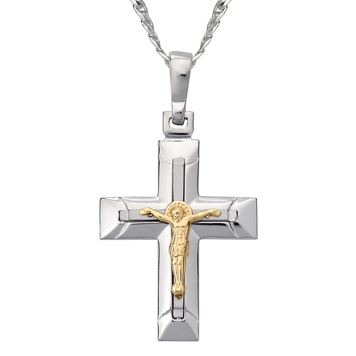 Ανδρικός Σταυρός Με Αλυσίδα Και Εσταυρωμένο / Ασήμι 925 Και Χρυσό Κ14 / ST-MN14230G1