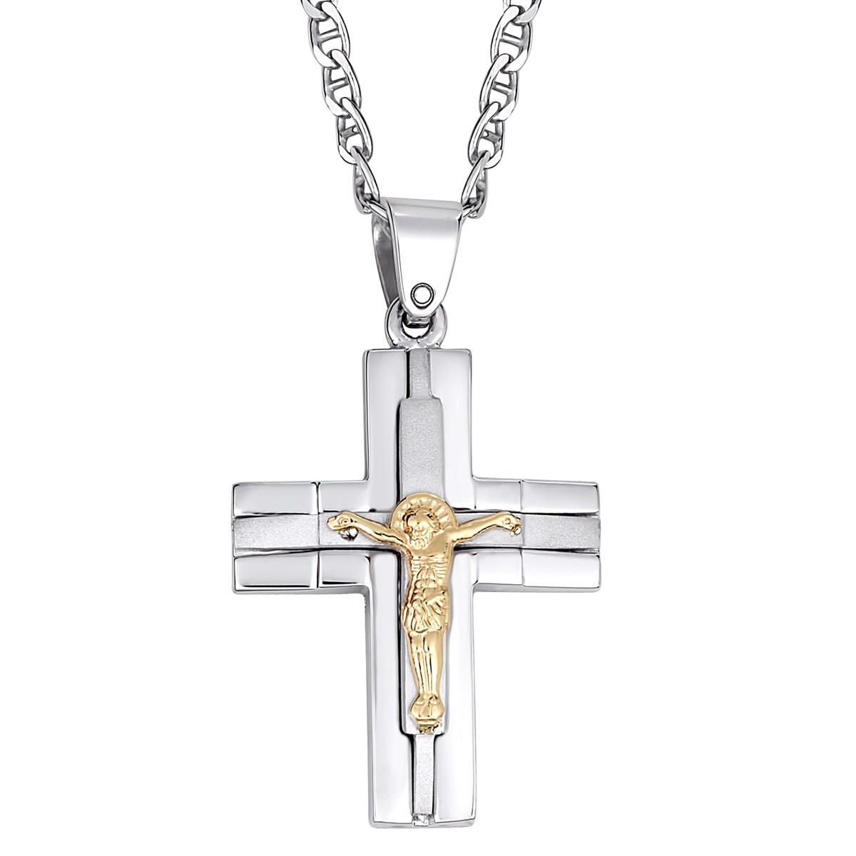 Ανδρικός Σταυρός με Αλυσίδα και Εσταυρωμένο / Ασήμι 925 και Χρυσό Κ14 / ST-MN20080LG1